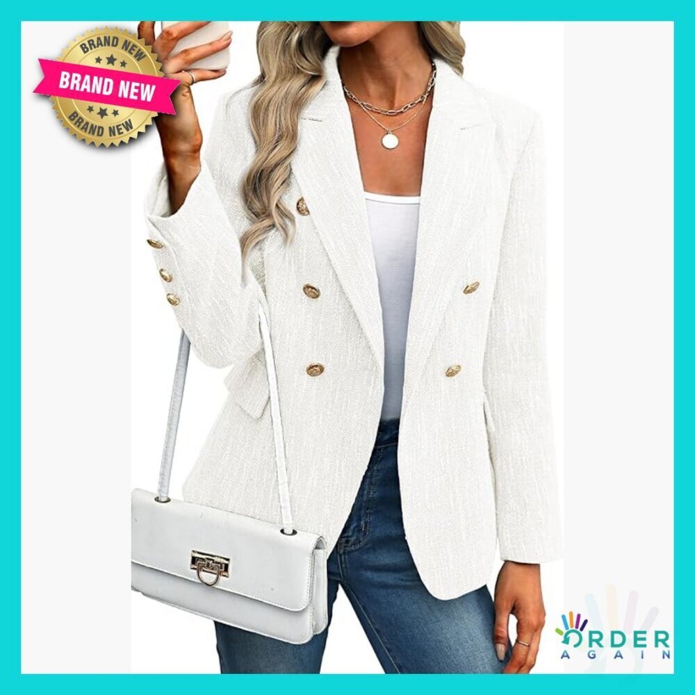 Tweed Blazer Double Breasted Notch Collar Business Casual Work Jacket